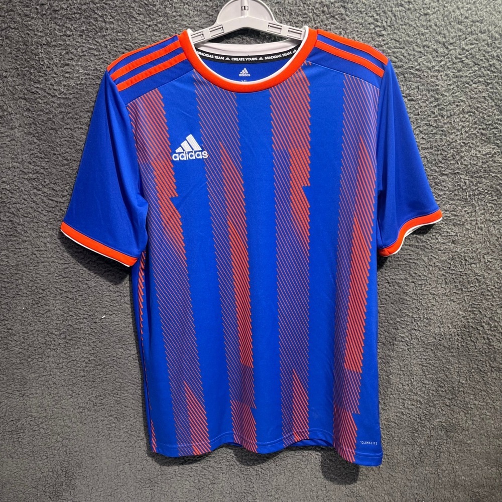 Adidas Kids XL Training T-Shirt Blue Red Striped‎ ClimaLite Activewear